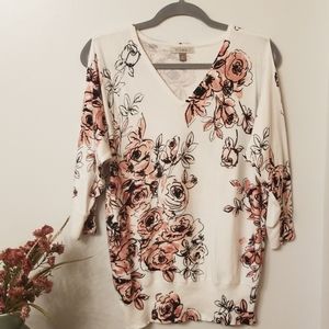 Roz & Ali 3/4 sleeve floral cold shoulder sweater